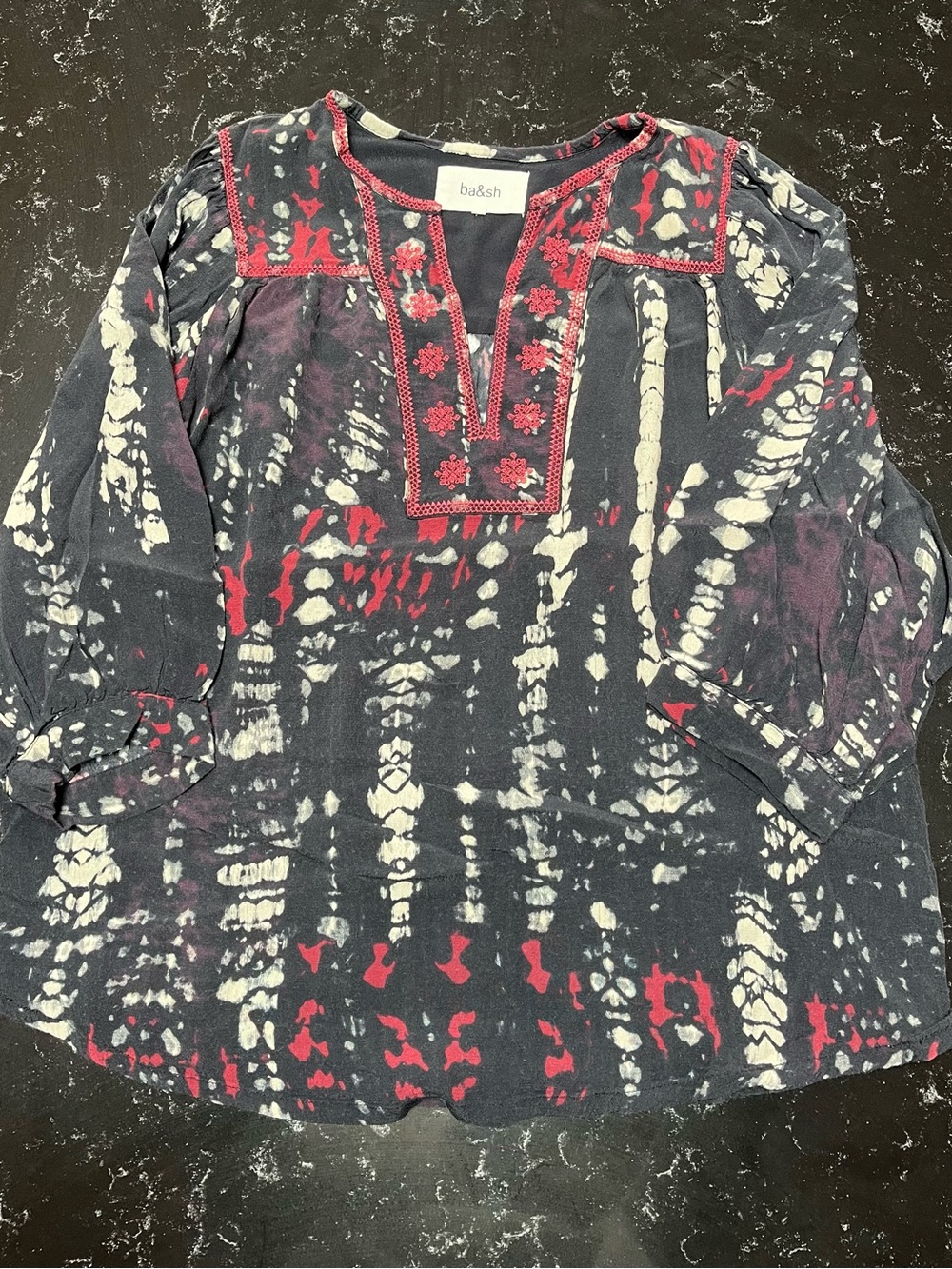 ba&sh Blue Tie-Dye Peasant Blouse with Red Embroidery - Picture 6 of 9